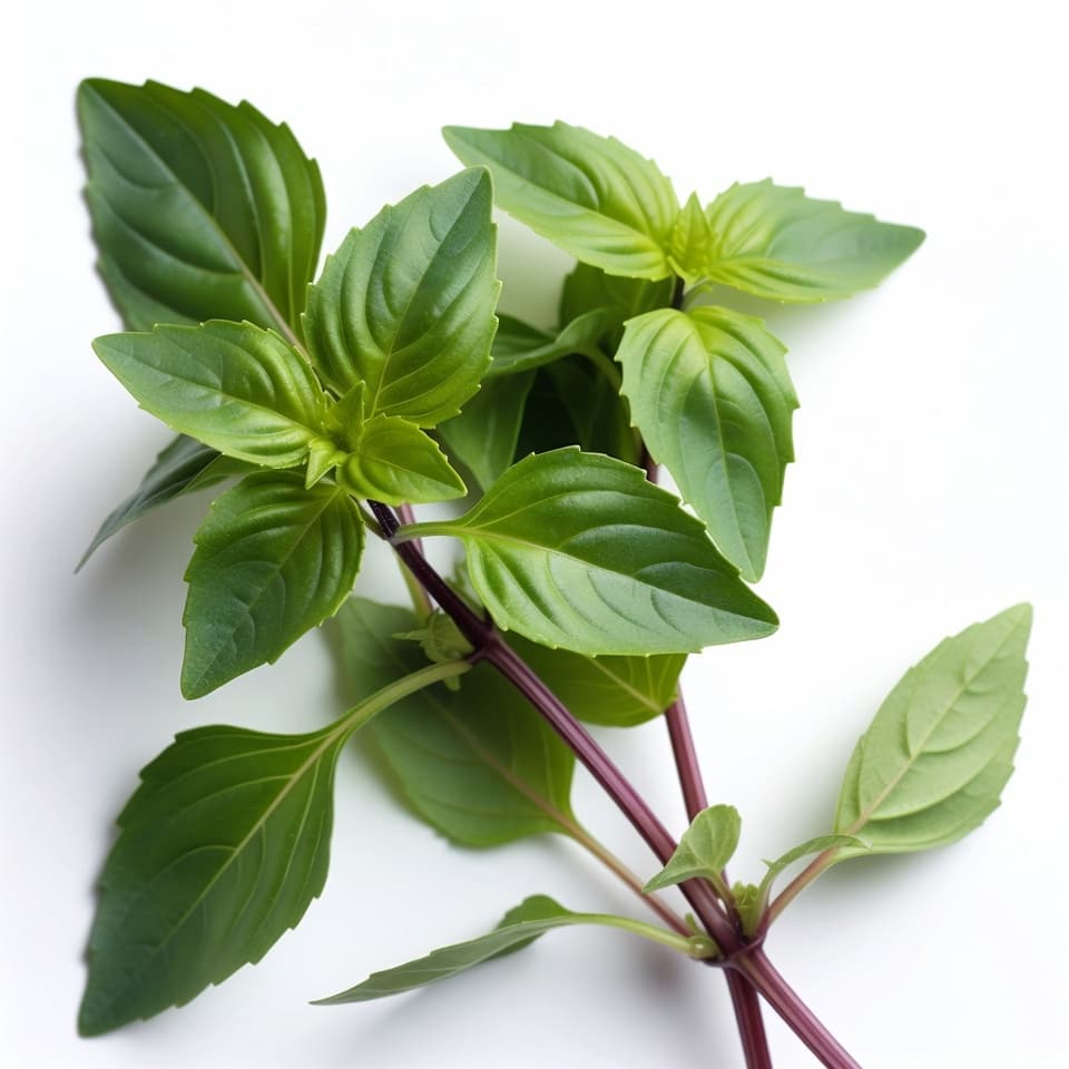 Thai basil plant with glossy green leaves, purple stems, and flower buds