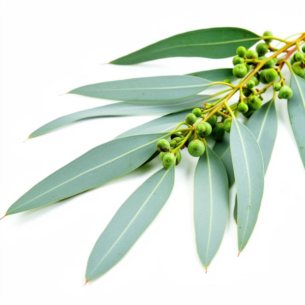 Eucalyptus branch with elongated blue-green leaves and silver sheen