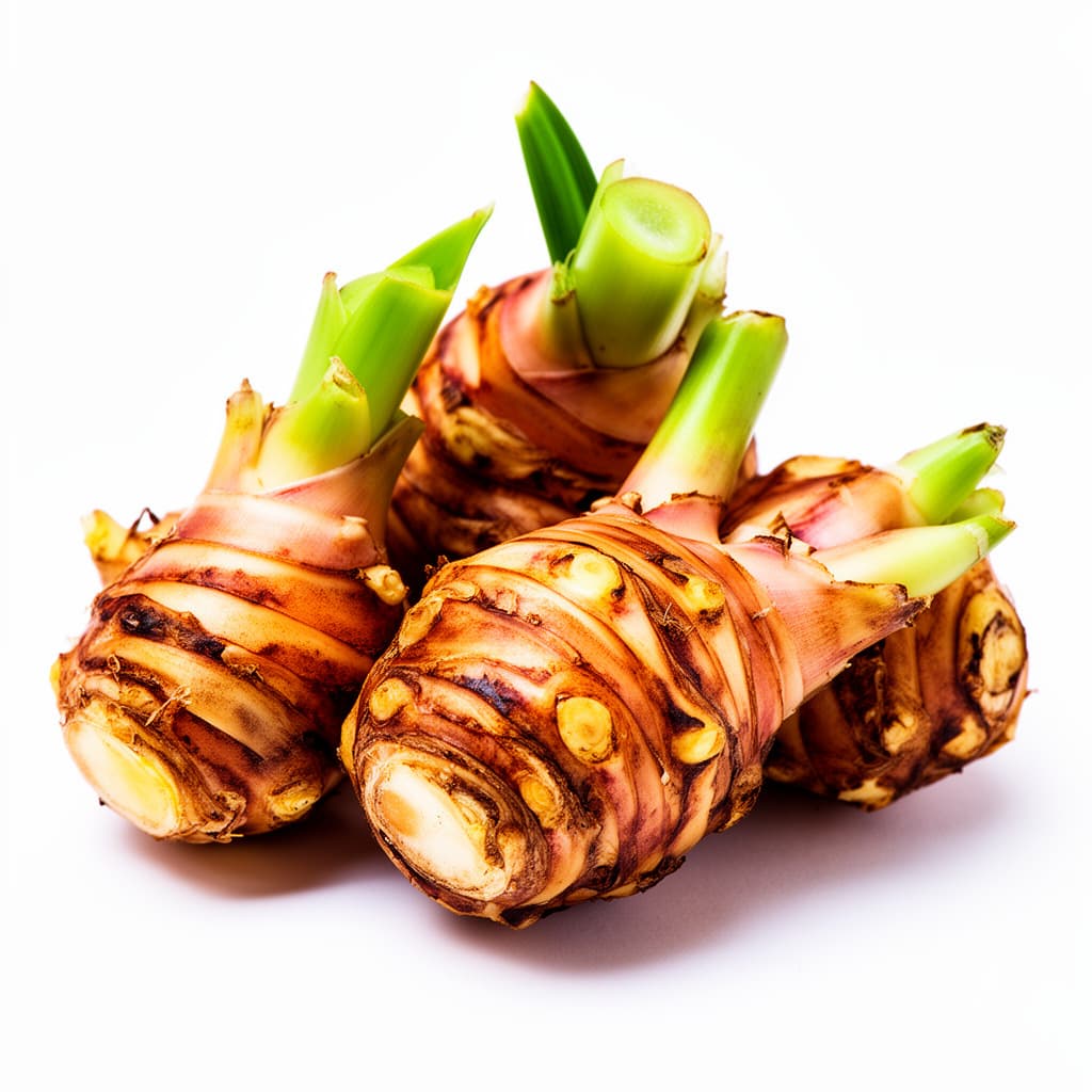 Galangal rhizome root, sliced to show the pale interior, surrounded by green leaves