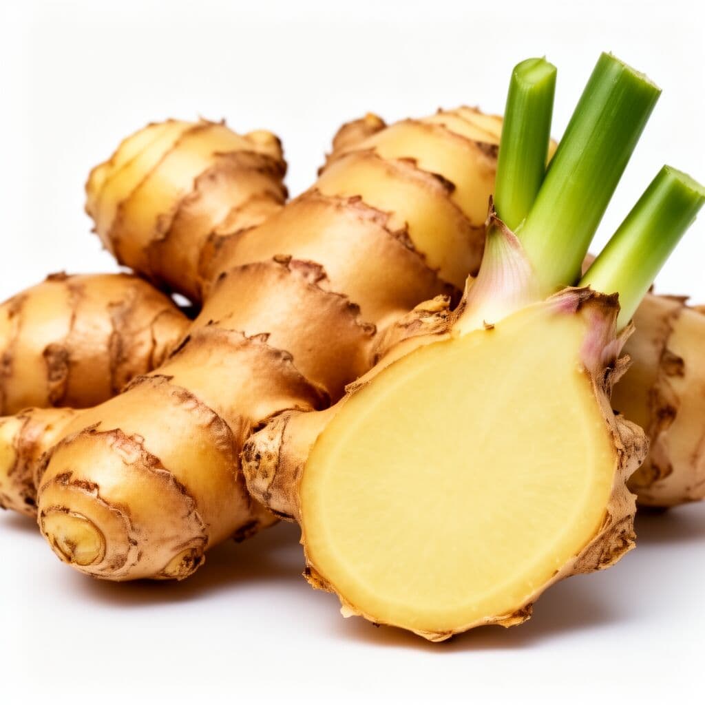 Fresh ginger root with knobby golden rhizome and fibrous texture