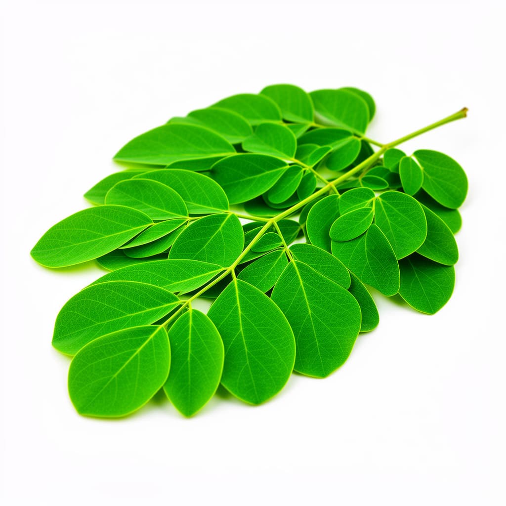 Fresh moringa leaves on a branch, bright green against natural light