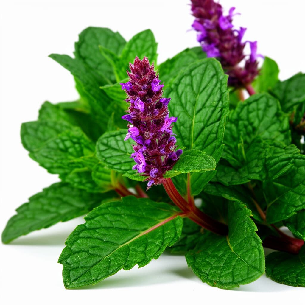 Peppermint plant with dark green serrated leaves and purple stem