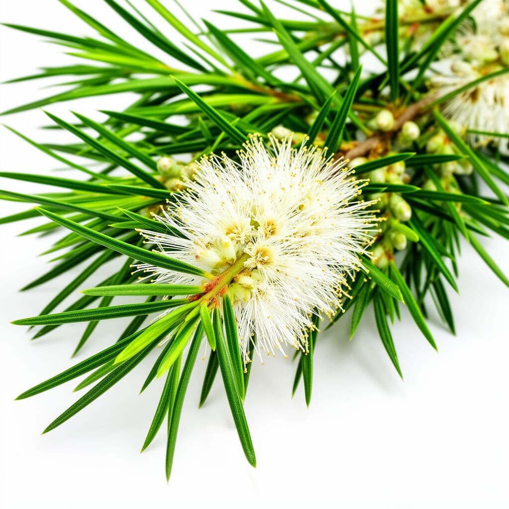 Tea tree branch with narrow leaves and papery white bark