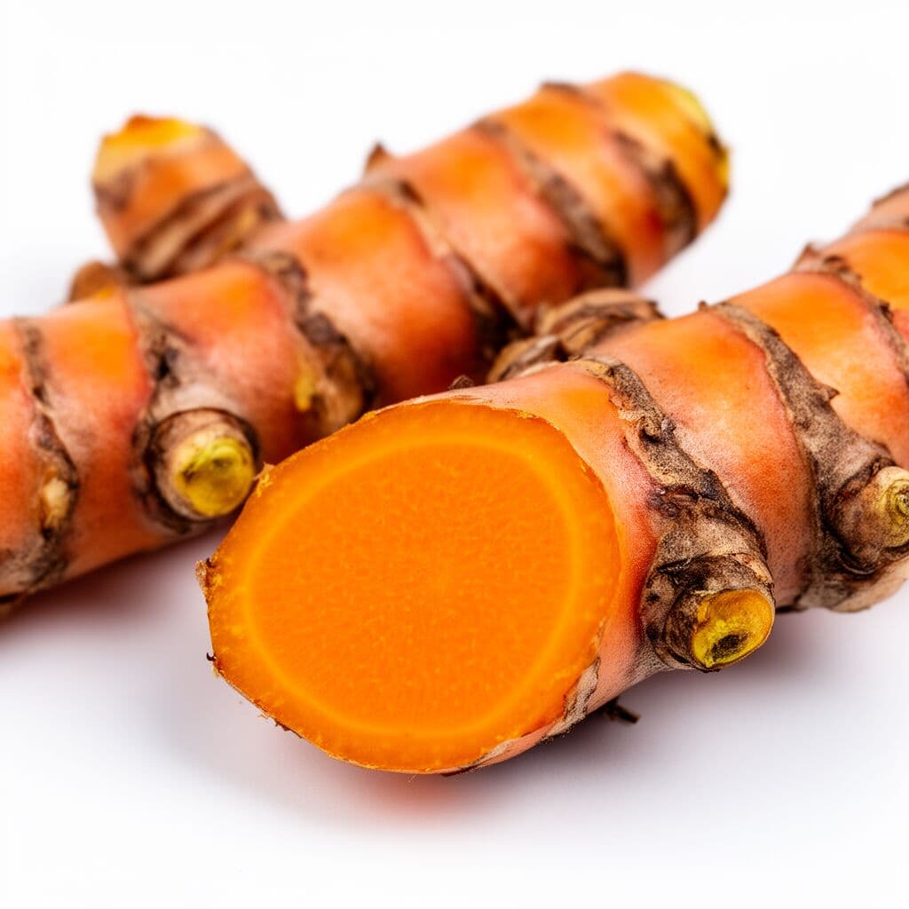 Turmeric root sliced open to reveal vivid orange interior