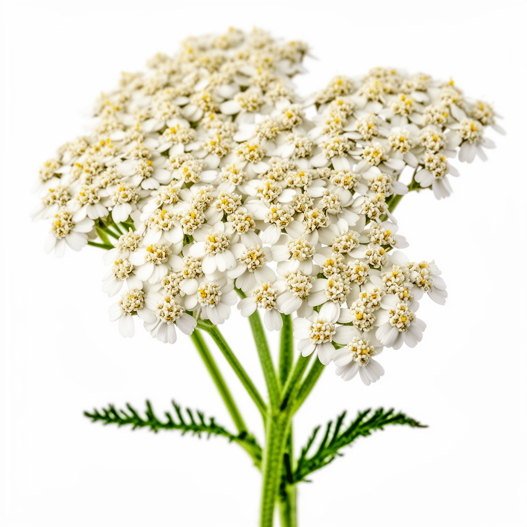White yarrow with flat-topped clusters of tiny white flowers and feathery foliage