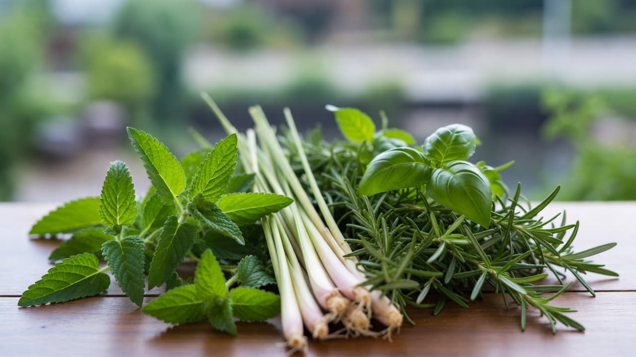 Fresh herbs that naturally soothe bug bites — lemon balm, lemongrass, and basil