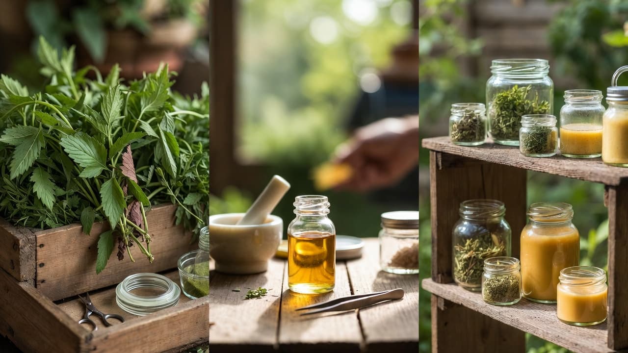 Herbs drying in bundles and herbal balm tins on a rustic wooden surface