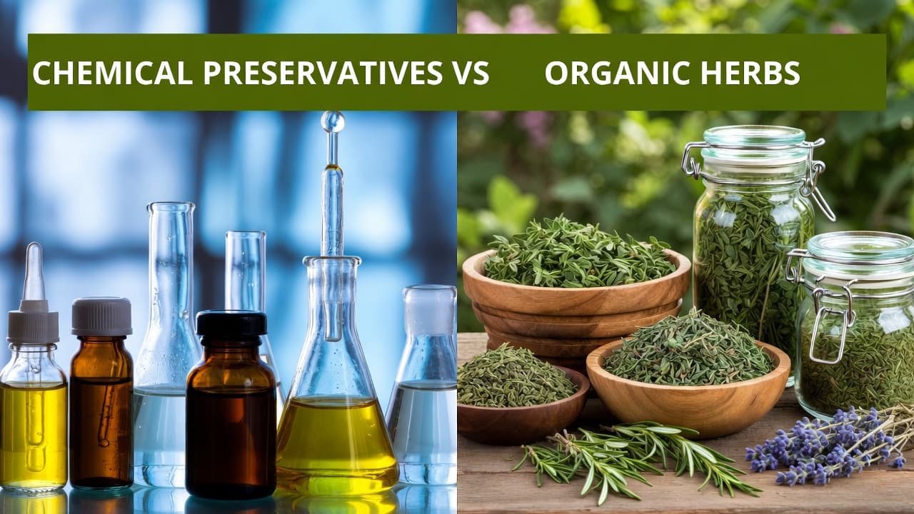 Handcrafted herbal balm jars beside fresh botanical ingredients