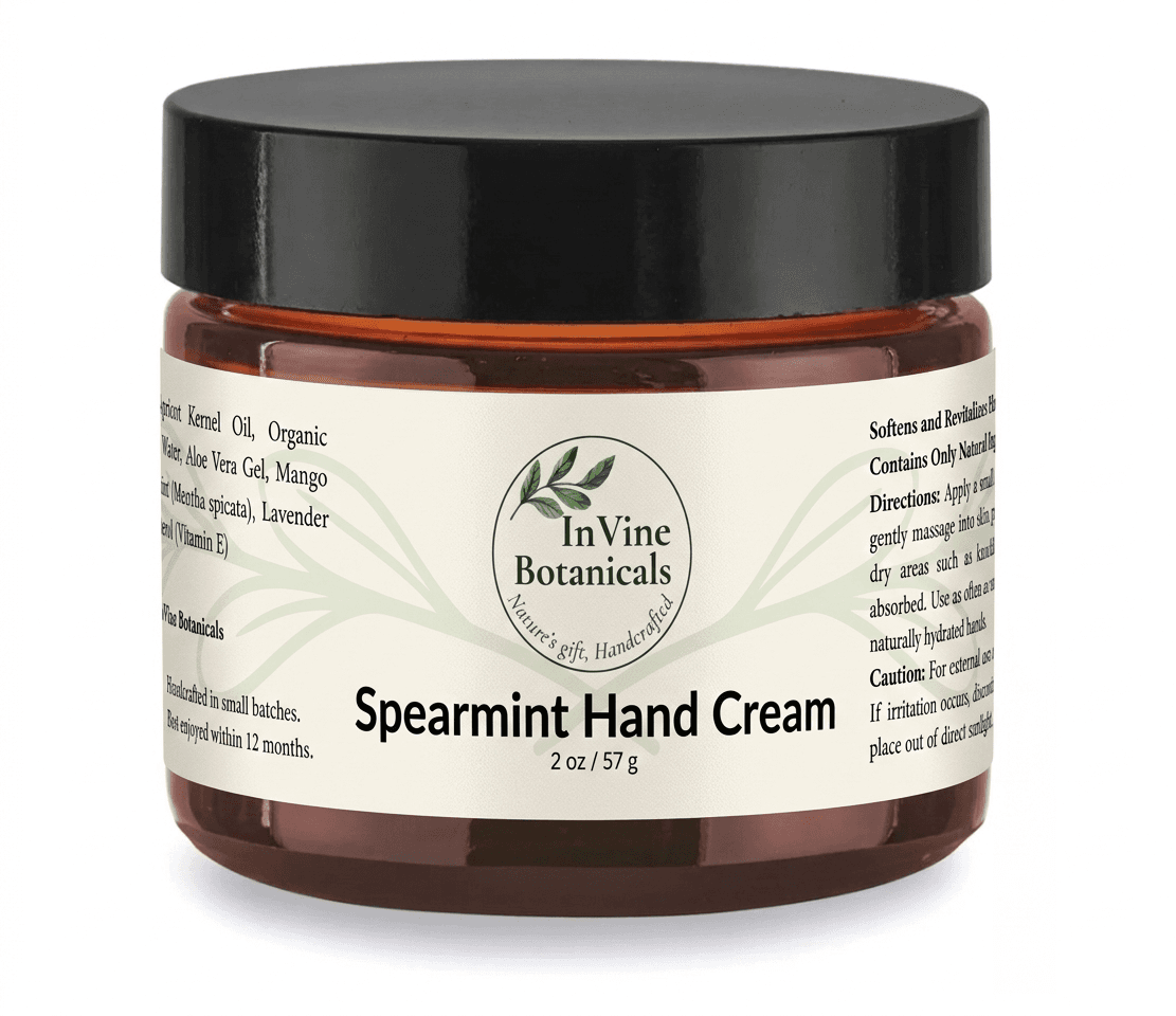 InVine Botanicals Spearmint Hand Cream in 2oz amber glass jar